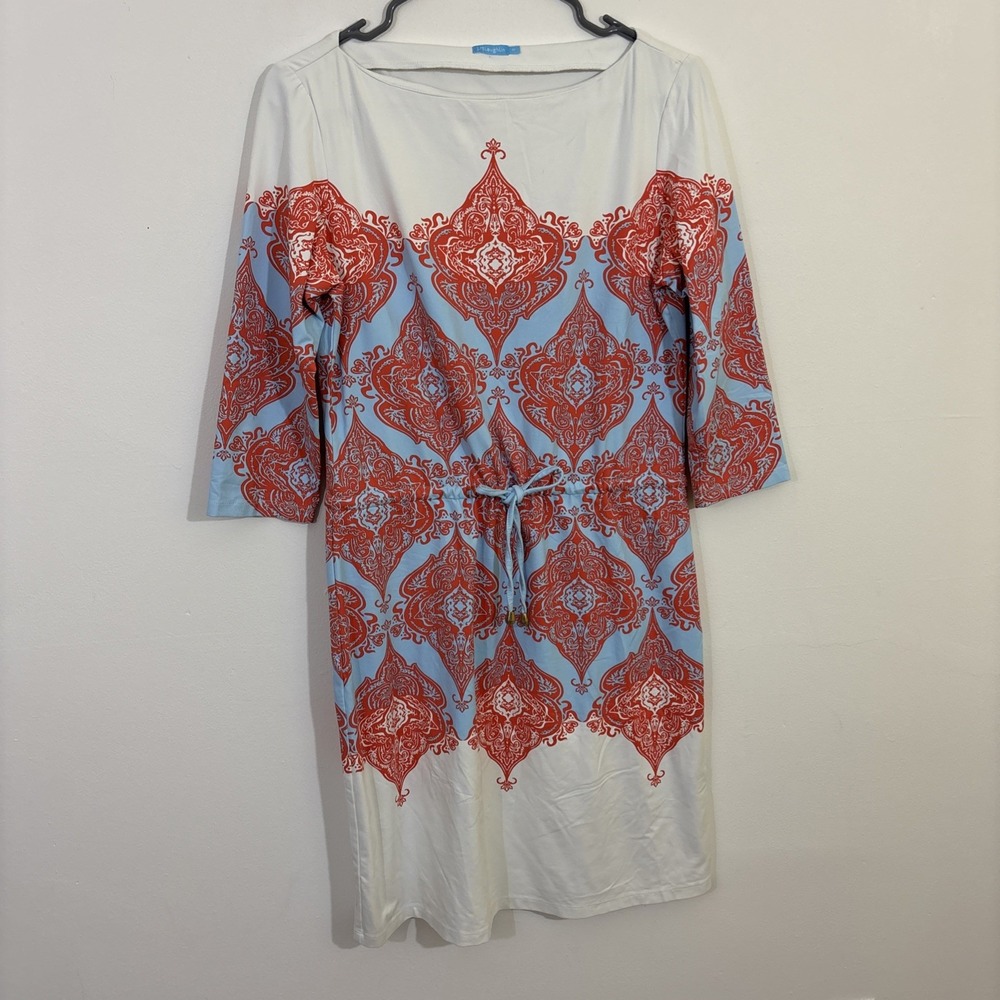 J McLaughlin M Dress Blue White Orange Catalina Cloth Stretch Preppy Chic Brunch